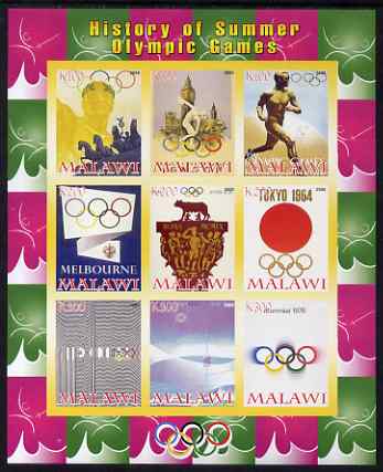 Malawi 2008 History of the Summer Olympics #2 1936-1976  imperf sheetlet containing 9 values, unmounted mint, stamps on , stamps on  stamps on olympics, stamps on  stamps on running, stamps on  stamps on london, stamps on  stamps on 