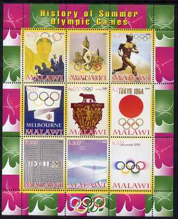 Malawi 2008 History of the Summer Olympics #2 1936-1976 perf sheetlet containing 9 values, unmounted mint, stamps on olympics, stamps on running, stamps on london, stamps on 