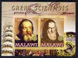 Malawi 2008 Great Scientists #5 - Galilei & Bacon imperf sheetlet containing 2 values each with Rotary logo, unmounted mint, stamps on , stamps on  stamps on personalities, stamps on  stamps on science, stamps on  stamps on rotary, stamps on  stamps on astronomy