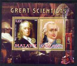 Malawi 2008 Great Scientists #7 - Newton & Lavoisier perf sheetlet containing 2 values each with Rotary logo, unmounted mint, stamps on personalities, stamps on science, stamps on rotary, stamps on maths, stamps on astronomy