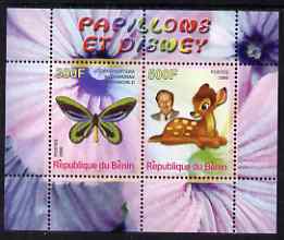 Benin 2008 Disney & Butterflies #7 perf sheetlet containing 2 values unmounted mint, stamps on butterflies, stamps on disney, stamps on deer