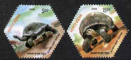 India 2008 Aldabra Giant Tortoise hexagonal shaped perf set of  2 values unmounted mint, stamps on reptiles, stamps on tortoises
