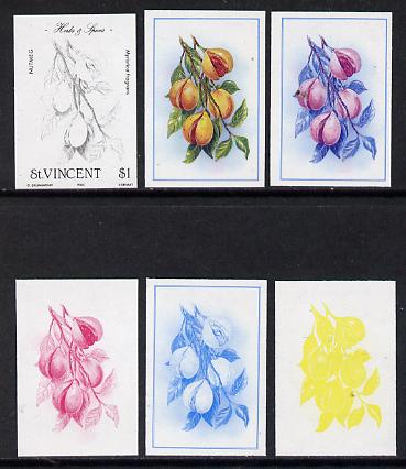St Vincent 1985 Herbs & Spices $1 (Nutmeg) set of 6 imperf progressive proofs comprising the 4 individual colours plus 2 & 3 colour composites (as SG 870) unmounted mint, stamps on , stamps on  stamps on food      herbs & spices