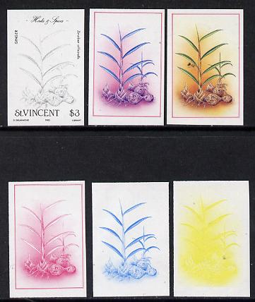 St Vincent 1985 Herbs & Spices $3 (Ginger) set of 6 imperf progressive proofs comprising the 4 individual colours plus 2 & 3 colour composites (as SG 871), stamps on food      herbs & spices