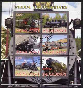 Malawi 2008 Steam Locomotives perf sheetlet containing 6 values, fine cto used, stamps on railways