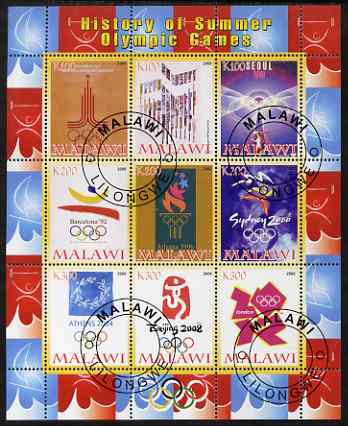 Malawi 2008 History of the Summer Olympics #3 1980-2012 perf sheetlet containing 9 values, fine cto used, stamps on olympics, stamps on london, stamps on 