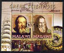 Malawi 2008 Great Scientists #5 - Galilei & Bacon perf sheetlet containing 2 values each with Rotary logo, fine cto used, stamps on , stamps on  stamps on personalities, stamps on  stamps on science, stamps on  stamps on rotary, stamps on  stamps on astronomy