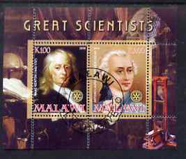 Malawi 2008 Great Scientists #7 - Newton & Lavoisier perf sheetlet containing 2 values each with Rotary logo, fine cto used, stamps on personalities, stamps on science, stamps on rotary, stamps on maths, stamps on astronomy