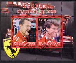 Malawi 2008 Ferrari Team Formula 1 Champions #3 - Schumacher & Irvine perf sheetlet containing 2 values fine cto used, stamps on , stamps on  stamps on personalities, stamps on  stamps on formula 1  f1 , stamps on  stamps on cars, stamps on  stamps on racing cars, stamps on  stamps on ferrari