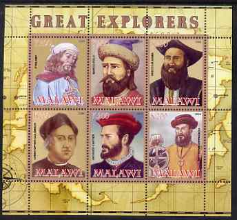 Malawi 2008 Great Explorers #1 perf sheetlet containing 6 values unmounted mint, stamps on , stamps on  stamps on personalities, stamps on  stamps on explorers, stamps on  stamps on columbus, stamps on  stamps on cartier, stamps on  stamps on gama, stamps on  stamps on magellan