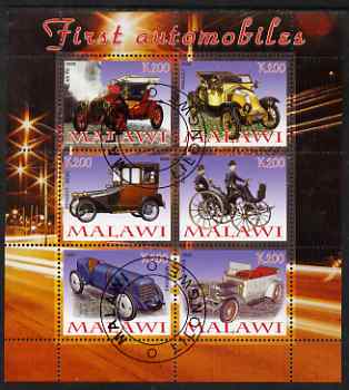 Malawi 2008 First Automobiles perf sheetlet containing 6 values fine cto used, stamps on , stamps on  stamps on cars, stamps on  stamps on opel, stamps on  stamps on peugeot, stamps on  stamps on mercedes, stamps on  stamps on renault, stamps on  stamps on rolls royce, stamps on  stamps on daimler