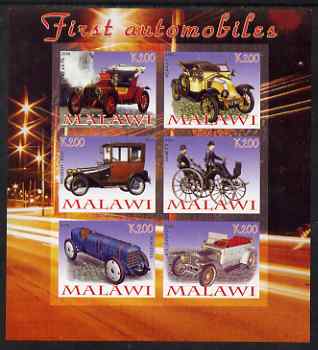 Malawi 2008 First Automobiles imperf sheetlet containing 6 values unmounted mint, stamps on , stamps on  stamps on cars, stamps on  stamps on opel, stamps on  stamps on peugeot, stamps on  stamps on mercedes, stamps on  stamps on renault, stamps on  stamps on rolls royce, stamps on  stamps on daimler