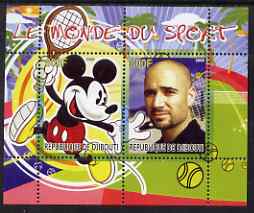 Djibouti 2008 Disney & World of Sport - Tennis & Andre Agassi perf sheetlet containing 2 values unmounted mint, stamps on disney, stamps on sport, stamps on personalities, stamps on tennis