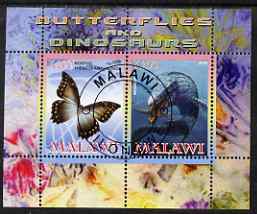 Malawi 2008 Butterflies & Dinosaurs #1 perf sheetlet containing 2 values fine cto used, stamps on butterflies, stamps on dinosaurs