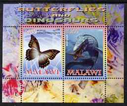 Malawi 2008 Butterflies & Dinosaurs #1 perf sheetlet containing 2 values unmounted mint, stamps on butterflies, stamps on dinosaurs