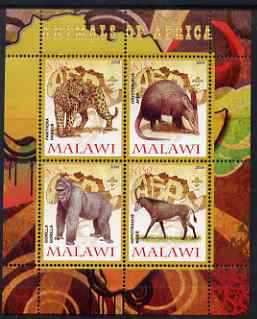 Malawi 2008 Animals of Africa #2 perf sheetlet containing 4 values, each with Scout logo unmounted mint, stamps on , stamps on  stamps on animals, stamps on  stamps on cats, stamps on  stamps on panthers, stamps on  stamps on apes, stamps on  stamps on gorillas, stamps on  stamps on aardvark, stamps on  stamps on , stamps on  stamps on scouts