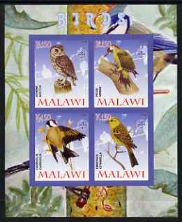 Malawi 2008 Birds #1 imperf sheetlet containing 4 values, each with Scout logo unmounted mint, stamps on , stamps on  stamps on birds, stamps on  stamps on scouts, stamps on  stamps on owls, stamps on  stamps on woodpeckers, stamps on  stamps on goldfinch, stamps on  stamps on birds of prey