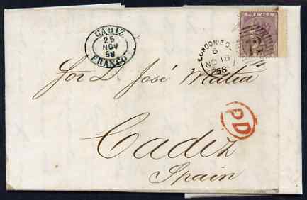 Great Britain 1858 entire to Spain bearing 6d SG70, stamps on 