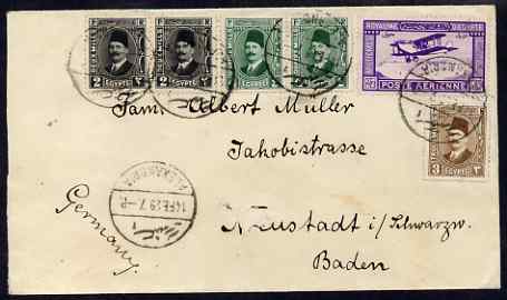 Egypt 1929 cover Alexandria to Germany with various adhesives including Air 27m, stamps on aviation