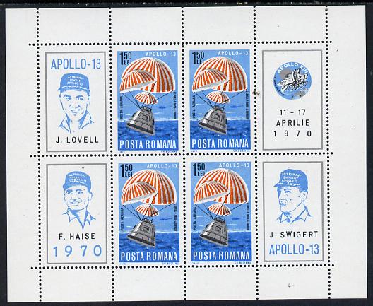 Rumania 1970 Apollo 13 m/sheet containing block of 4 plus 4 labels unmounted mint as SG 3743, Mi BL 77, stamps on , stamps on  stamps on space