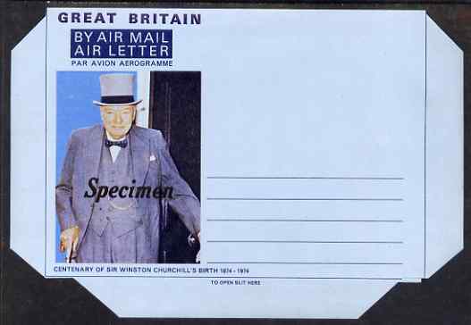 Great Britain 1974 Churchill Centenary Airletter form inscribed 'GREAT BRITAIN', overprinted SPECIMEN, folded on 'fold lines' otherwise pristine, stamps on , stamps on  stamps on churchill, stamps on  stamps on personalities