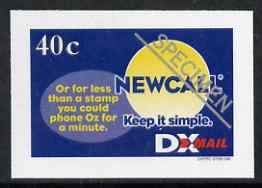 New Zealand 1999 DX Mail 40c New Call imperf opt'd SPECIMEN printed on reverse of advertising sheet, Stirling cat No. DXP2 unmounted mint, stamps on , stamps on  stamps on new zealand 1999 dx mail 40c new call imperf opt'd specimen printed on reverse of advertising sheet, stamps on  stamps on  stirling cat no. dxp2 unmounted mint