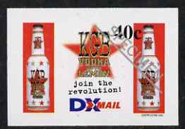 New Zealand 1999 DX Mail 40c KGB Vodka imperf opt'd SPECIMEN printed on reverse of advertising sheet, Stirling cat No. DXP8 unmounted mint, stamps on drink, stamps on alcohol, stamps on vodka