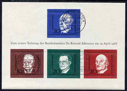 Germany - West 1968 Adenauer Commemoration (1st issue) m/sheet fine cds used SG MS1459, stamps on , stamps on  stamps on personalities, stamps on  stamps on constitutions, stamps on  stamps on nato, stamps on  stamps on churchill, stamps on  stamps on  ww2 , stamps on  stamps on 