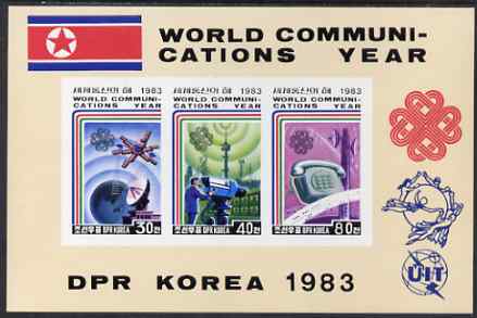 North Korea 1983 World Communications Year imperf m/sheet (3 values) from a limited printing, unmounted mint SG MS N2350a, stamps on , stamps on  stamps on communications, stamps on  stamps on telephones, stamps on  stamps on  tv , stamps on  stamps on satellites, stamps on  stamps on 