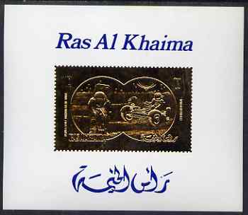 Ras Al Khaima 1972 Apollo XV 1r deluxe sheet embossed in gold on glossy card, Mi BL147, stamps on , stamps on  stamps on space, stamps on  stamps on apollo