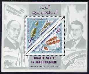 Aden - Qu'aiti 1968 Flight (Aircraft & Rockets) triangular perf m/sheet unmounted mint, Mi BL 25A, stamps on aviation, stamps on triangulars, stamps on space