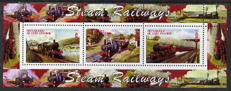 Ivory Coast 2004 Steam Railways perf sheetlet containing 3 values unmounted mint, stamps on railways