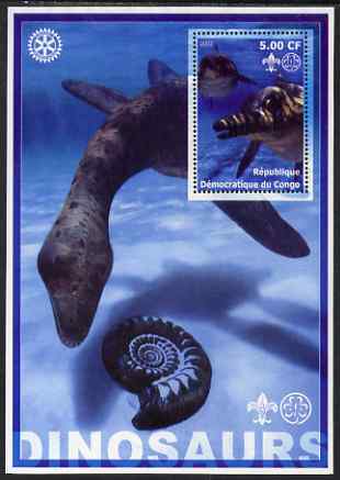 Congo 2002 Dinosaurs #01 perf s/sheet (also showing Scout, Guide & Rotary Logos) unmounted mint, stamps on dinosaurs, stamps on scouts, stamps on guides, stamps on rotary, stamps on fossils, stamps on shells