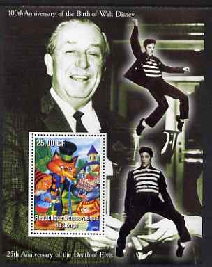 Congo 2002 Birth Centenary of Walt Disneyey & 25th Anniversary of Death of Elvis #2 perf m/sheet unmounted mint, stamps on personalities, stamps on elvis, stamps on music, stamps on pops, stamps on cinema, stamps on fairy tales, stamps on disney, stamps on movies, stamps on films