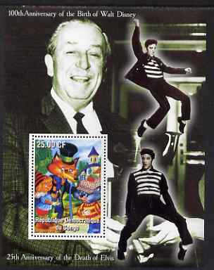 Congo 2002 Birth Centenary of Walt Disneyey & 25th Anniversary of Death of Elvis #2 perf m/sheet unmounted mint, stamps on , stamps on  stamps on personalities, stamps on  stamps on elvis, stamps on  stamps on music, stamps on  stamps on pops, stamps on  stamps on cinema, stamps on  stamps on fairy tales, stamps on  stamps on disney, stamps on  stamps on movies, stamps on  stamps on films