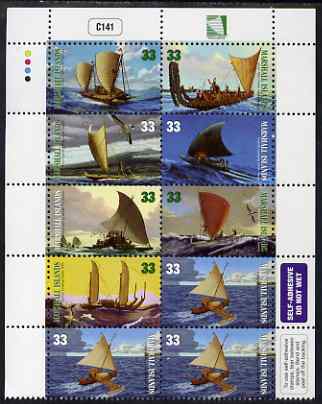 Marshall Islands 1999 Canoes of the Pacific perf sheetlet containing 10 self-adhesive values (set of 8 plus 2) unmounted mint, SG 1138-45, stamps on ships, stamps on self adhesive