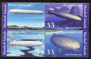 Marshall Islands 2000 Centenary of Zeppelin Airships se-tenant block of 4 unmounted mint, SG 1366-69, stamps on aviation, stamps on airships, stamps on zeppelins