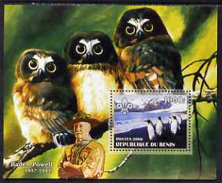 Benin 2006 Penguins #1 (with Olws & Baden Powell in background) perf m/sheet unmounted mint, stamps on , stamps on  stamps on birds, stamps on  stamps on penguins, stamps on  stamps on scouts, stamps on  stamps on owls, stamps on  stamps on birds of prey