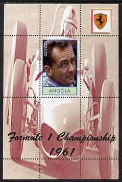 Angola 2000 Ferrari Formula 1 World Champions 1961 - Phil Hill perf s/sheet unmounted mint. Note this item is privately produced and is offered purely on its thematic appeal, stamps on , stamps on  stamps on sport, stamps on  stamps on racing cars, stamps on  stamps on personalities, stamps on  stamps on  f1 , stamps on  stamps on formula 1, stamps on  stamps on ferrari