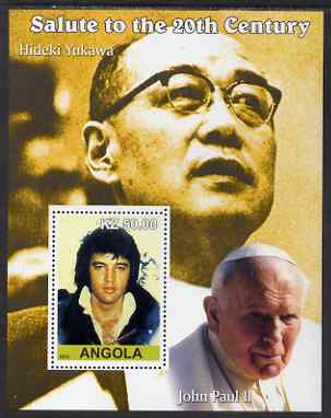 Angola 2002 Salute to the 20th Century #02 perf s/sheet - Elvis, Pope John Paul & Hideki Yukawa, unmounted mint, stamps on pope, stamps on personalities, stamps on elvis, stamps on music, stamps on films, stamps on cinema, stamps on movies, stamps on pops, stamps on rock