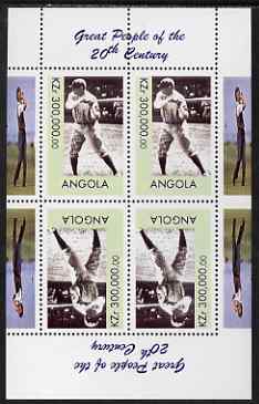 Angola 1999 Great People of the 20th Century - Babe Ruth perf sheetlet of 4 (2 tete-beche pairs) with golfer in margin unmounted mint, stamps on , stamps on  stamps on personalities, stamps on  stamps on millennium, stamps on  stamps on sport, stamps on  stamps on baseball, stamps on  stamps on golf