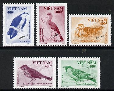 Vietnam 1995 Birds set of 5 each overprinted SPECIMEN (only 200 sets produced) unmounted mint, stamps on birds     osprey    weaver     sharpbill     plover     seriema