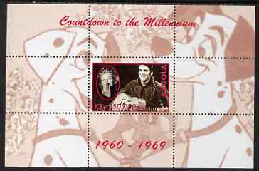 Angola 1999 Countdown to the Millennium #07 (1960-1969) perf souvenir sheet (Elvis, Marilyn and 101 Dalmations) unmounted mint. Note this item is privately produced and is offered purely on its thematic appeal, stamps on personalities, stamps on films, stamps on cinema, stamps on entertainments, stamps on elvis, stamps on dogs, stamps on disney, stamps on marilyn monroe, stamps on millennium, stamps on guitar