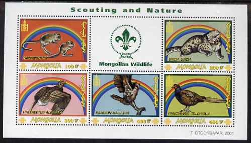 Mongolia 2001 Scouting & Nature perf m/sheet containing 5 values plus label unmounted mint, SG MS 2950b, stamps on , stamps on  stamps on scouts, stamps on  stamps on rainbows, stamps on  stamps on cats, stamps on  stamps on birds of prey, stamps on  stamps on game, stamps on  stamps on pheasants