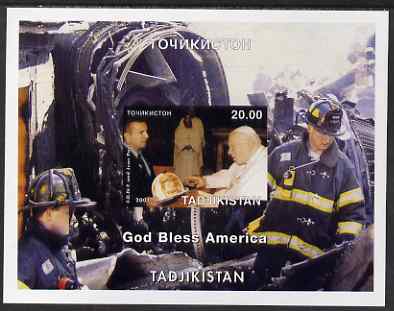 Tadjikistan 2001 'God Bless America' (Pope & Fire Fighters) imperf souvenir sheet unmounted mint, stamps on fire, stamps on pope, stamps on americana