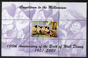 Angola 1999 Countdown to the Millennium - Birth Centenary of Walt Disney perf s/sheet #1 unmounted mint. Note this item is privately produced and is offered purely on its thematic appeal, stamps on , stamps on  stamps on personalities, stamps on  stamps on movies, stamps on  stamps on films, stamps on  stamps on disney, stamps on  stamps on cinema