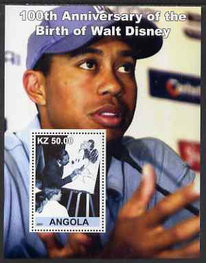 Angola 2001 Birth Centenary of Walt Disney #02 perf s/sheet - Disney & Tiger Woods, unmounted mint. Note this item is privately produced and is offered purely on its thematic appeal, stamps on , stamps on  stamps on personalities, stamps on  stamps on movies, stamps on  stamps on films, stamps on  stamps on disney, stamps on  stamps on cinema, stamps on  stamps on sport, stamps on  stamps on golf