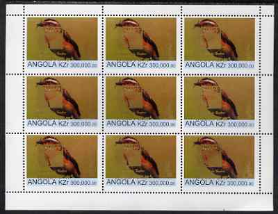 Angola 1999 Birds 300,000k from Flora & Fauna def set complete perf sheet of 9 each opt'd in gold with France 99 Imprint with Chess Piece and inscribed Hobby Day, unmounted mint. Note this item is privately produced and is offered purely on its thematic appeal, stamps on , stamps on  stamps on birds, stamps on  stamps on stamp exhibitions, stamps on  stamps on chess