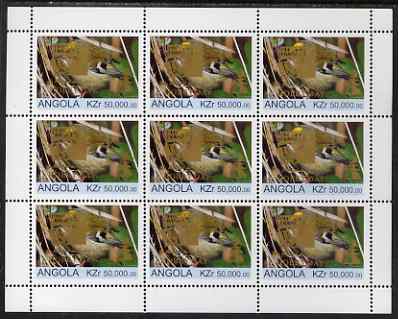 Angola 1999 Birds 50,000k from Flora & Fauna def set complete perf sheet of 9 each opt'd in gold with France 99 Imprint with Chess Piece and inscribed Hobby Day, unmounted mint. Note this item is privately produced and is offered purely on its thematic appeal, stamps on , stamps on  stamps on birds, stamps on  stamps on stamp exhibitions, stamps on  stamps on chess