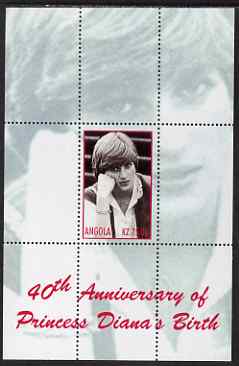 Angola 2002 40th Anniversary of Birth of Princess Diana perf s/sheet #7 (resting her head on her hand) unmounted mint. Note this item is privately produced and is offered purely on its thematic appeal, stamps on , stamps on  stamps on personalities, stamps on  stamps on royalty, stamps on  stamps on diana, stamps on  stamps on 